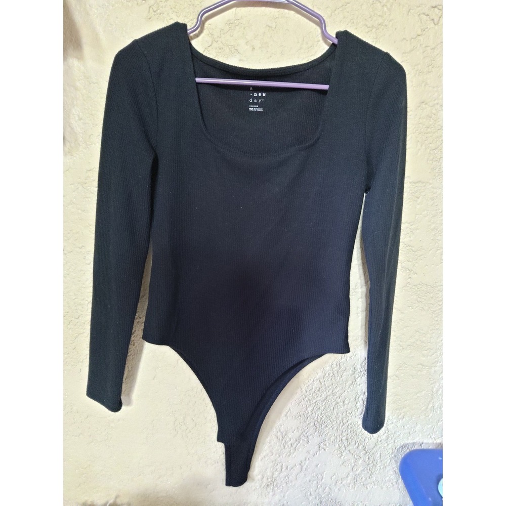 A New Day Womens Black Ribbed Long Sleeve Square Neck Bodysuit Medium